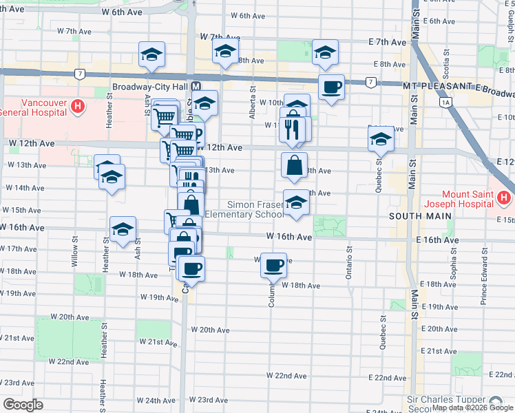map of restaurants, bars, coffee shops, grocery stores, and more near 245 West 15th Avenue in Vancouver