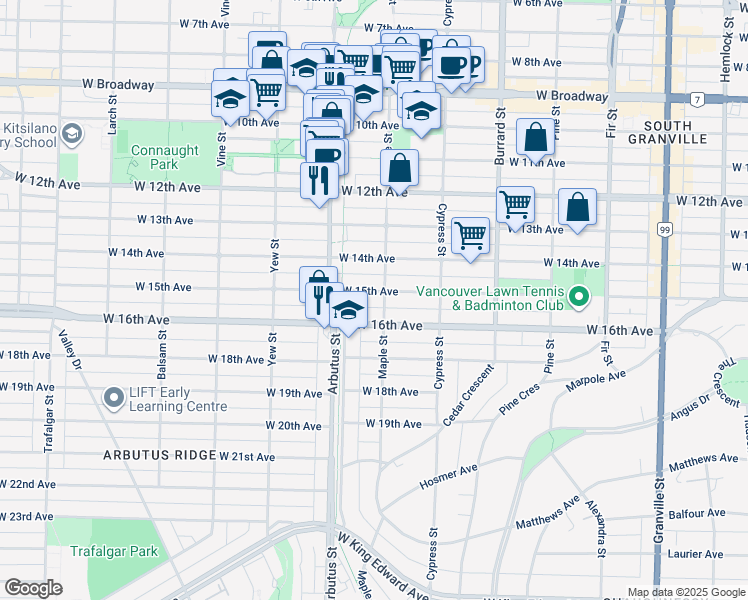 map of restaurants, bars, coffee shops, grocery stores, and more near 2014 West 15th Avenue in Vancouver