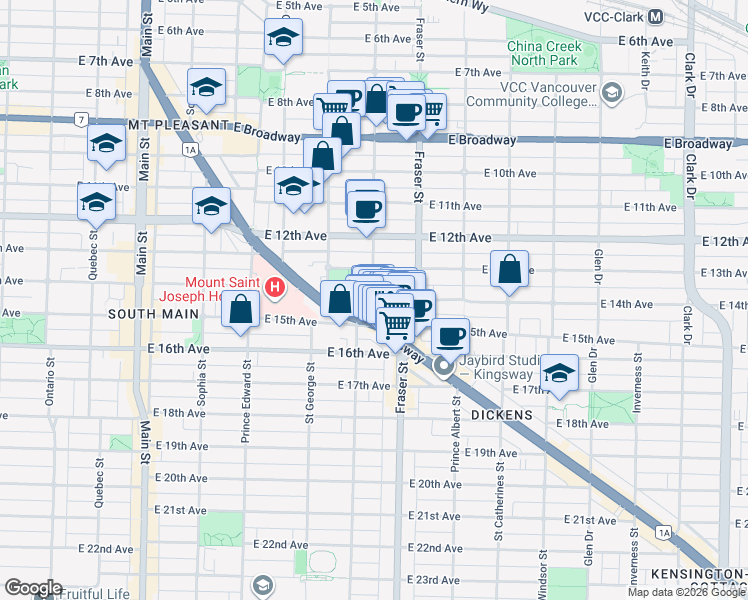 map of restaurants, bars, coffee shops, grocery stores, and more near 2900 Carolina Street in Vancouver
