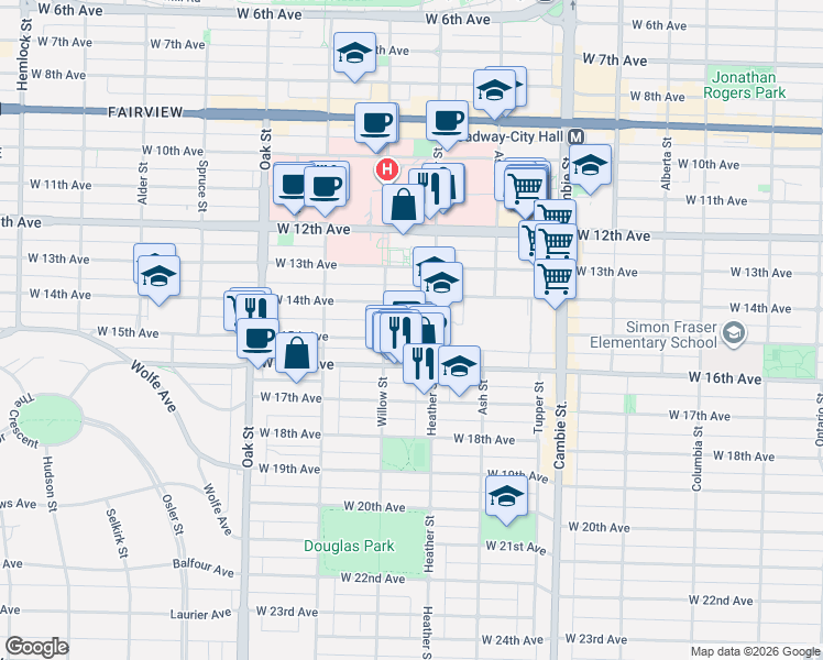 map of restaurants, bars, coffee shops, grocery stores, and more near 735 West 15th Avenue in Vancouver