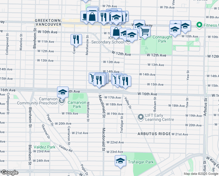 map of restaurants, bars, coffee shops, grocery stores, and more near 2715 West 16th Avenue in Vancouver