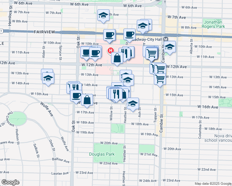 map of restaurants, bars, coffee shops, grocery stores, and more near 755 West 15th Avenue in Vancouver