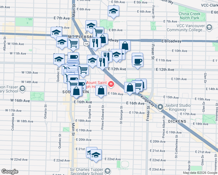 map of restaurants, bars, coffee shops, grocery stores, and more near 3080 Prince Edward Street in Vancouver