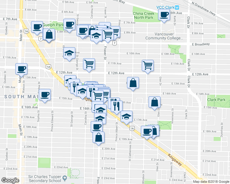 map of restaurants, bars, coffee shops, grocery stores, and more near 769 East 14th Avenue in Vancouver