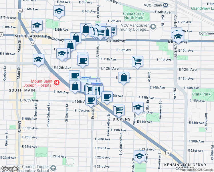 map of restaurants, bars, coffee shops, grocery stores, and more near 769 East 14th Avenue in Vancouver
