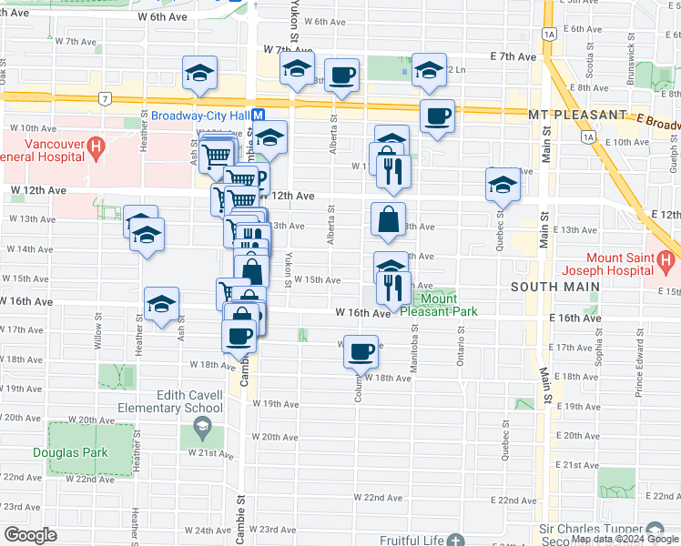map of restaurants, bars, coffee shops, grocery stores, and more near 245 West 15th Avenue in Vancouver
