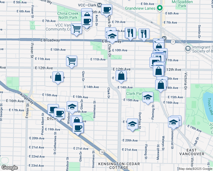map of restaurants, bars, coffee shops, grocery stores, and more near 1293 East 14th Avenue in Vancouver