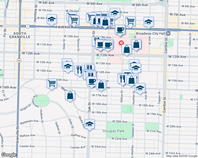 map of restaurants, bars, coffee shops, grocery stores, and more near 955 West 15th Avenue in Vancouver