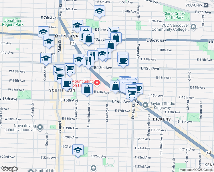 map of restaurants, bars, coffee shops, grocery stores, and more near 488 Kingsway in Vancouver