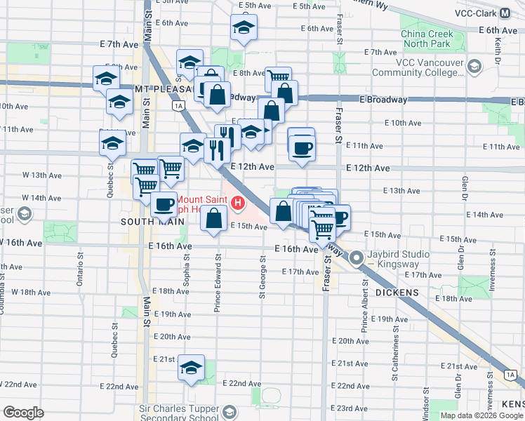 map of restaurants, bars, coffee shops, grocery stores, and more near in Vancouver