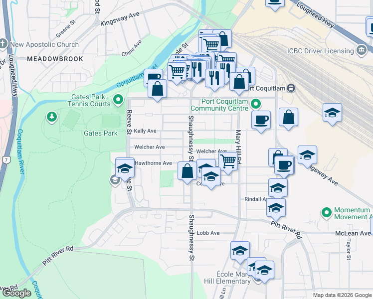 map of restaurants, bars, coffee shops, grocery stores, and more near 2339 Shaughnessy Street in Port Coquitlam