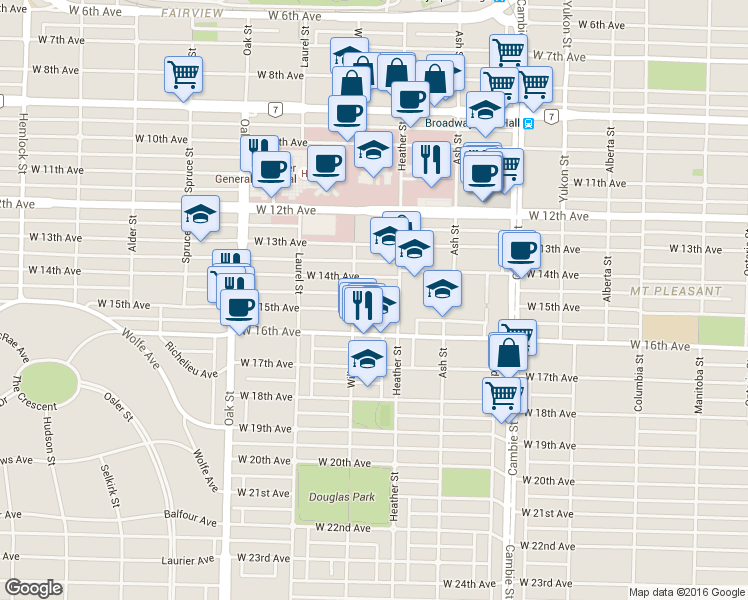 map of restaurants, bars, coffee shops, grocery stores, and more near in Vancouver