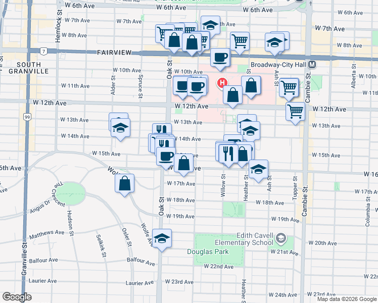 map of restaurants, bars, coffee shops, grocery stores, and more near in Vancouver