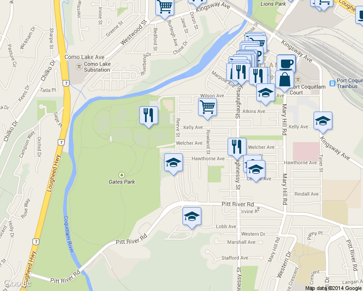 map of restaurants, bars, coffee shops, grocery stores, and more near 2488 Welcher Avenue in Port Coquitlam