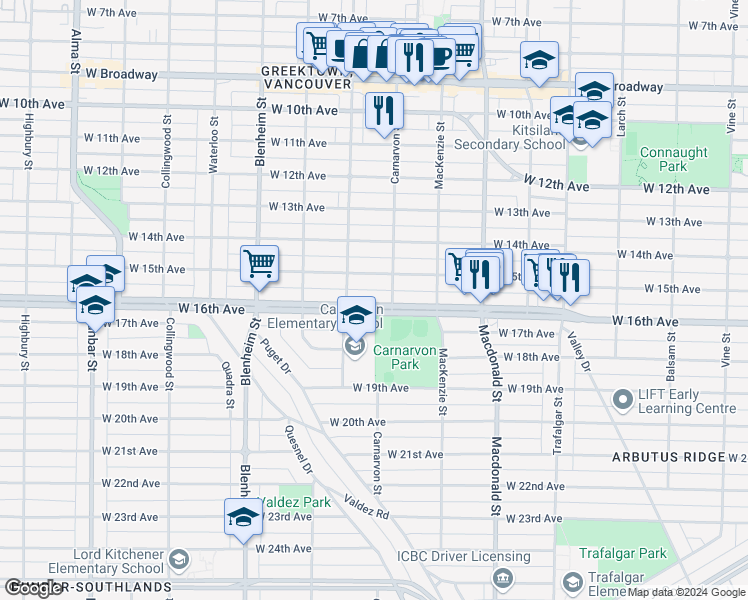 map of restaurants, bars, coffee shops, grocery stores, and more near 3039 West 16th Avenue in Vancouver