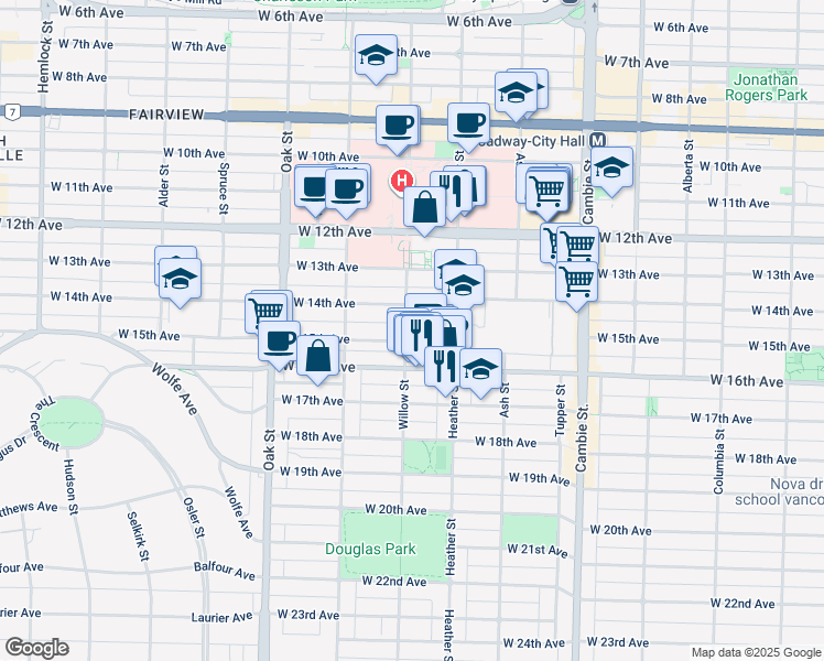 map of restaurants, bars, coffee shops, grocery stores, and more near 3062 Willow Street in Vancouver