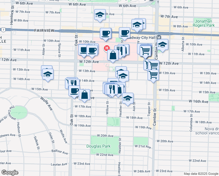 map of restaurants, bars, coffee shops, grocery stores, and more near 3062 Willow Street in Vancouver
