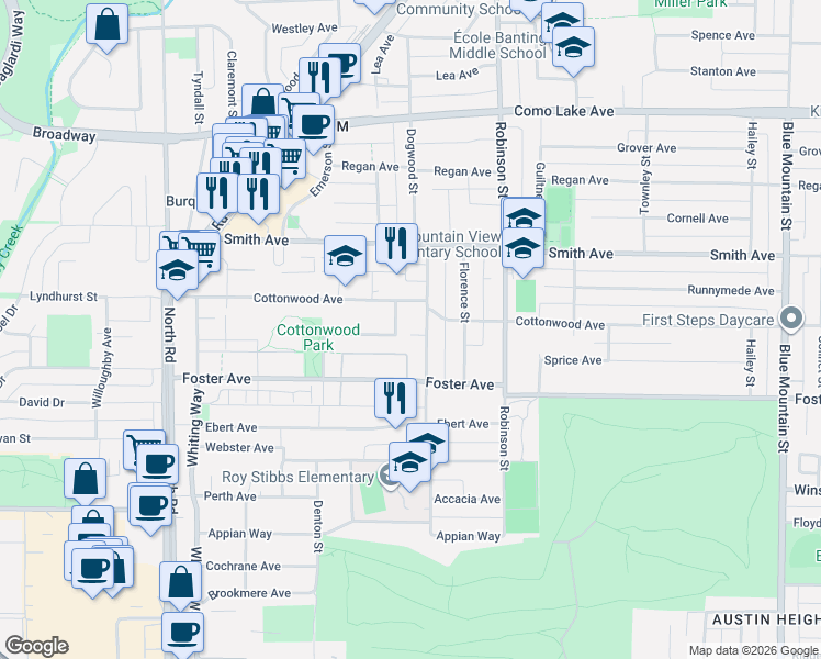 map of restaurants, bars, coffee shops, grocery stores, and more near Cottonwood Avenue in Coquitlam