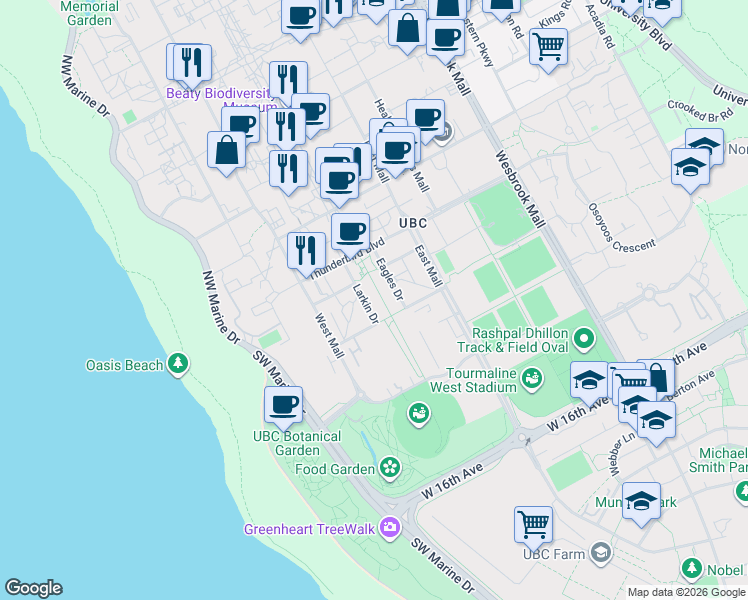 map of restaurants, bars, coffee shops, grocery stores, and more near 6328 Larkin Drive in University Endowment Lands