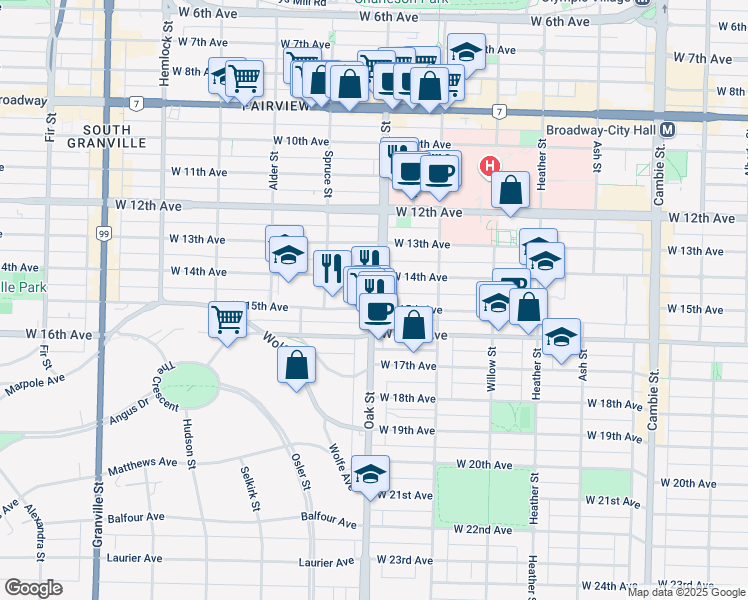 map of restaurants, bars, coffee shops, grocery stores, and more near 3089 Oak Street in Vancouver