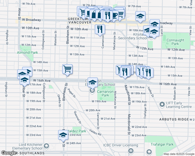 map of restaurants, bars, coffee shops, grocery stores, and more near 3039 West 16th Avenue in Vancouver