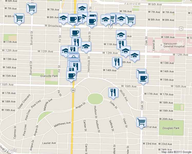 map of restaurants, bars, coffee shops, grocery stores, and more near 1345 West 15th Avenue in Vancouver