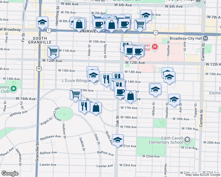 map of restaurants, bars, coffee shops, grocery stores, and more near 1065 West 15th Avenue in Vancouver