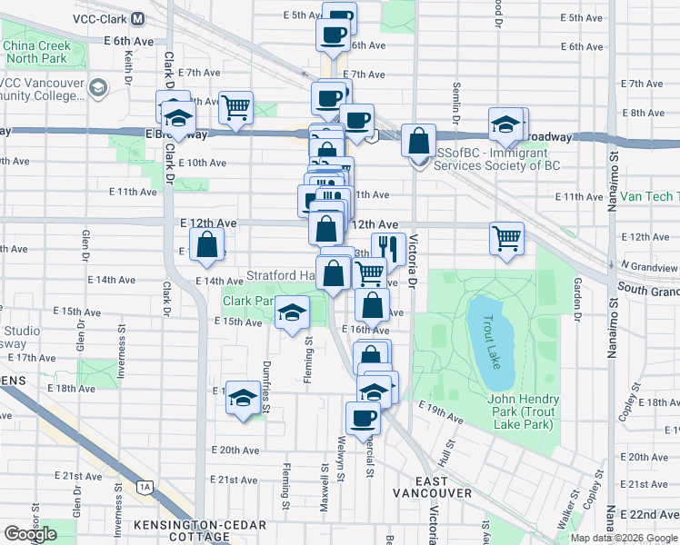 map of restaurants, bars, coffee shops, grocery stores, and more near 2928 Commercial Drive in Vancouver