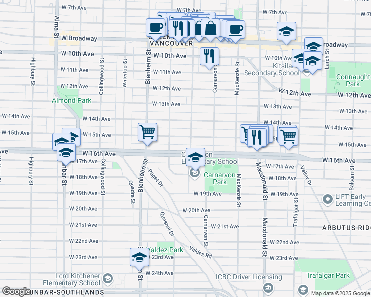 map of restaurants, bars, coffee shops, grocery stores, and more near 3117 West 16th Avenue in Vancouver