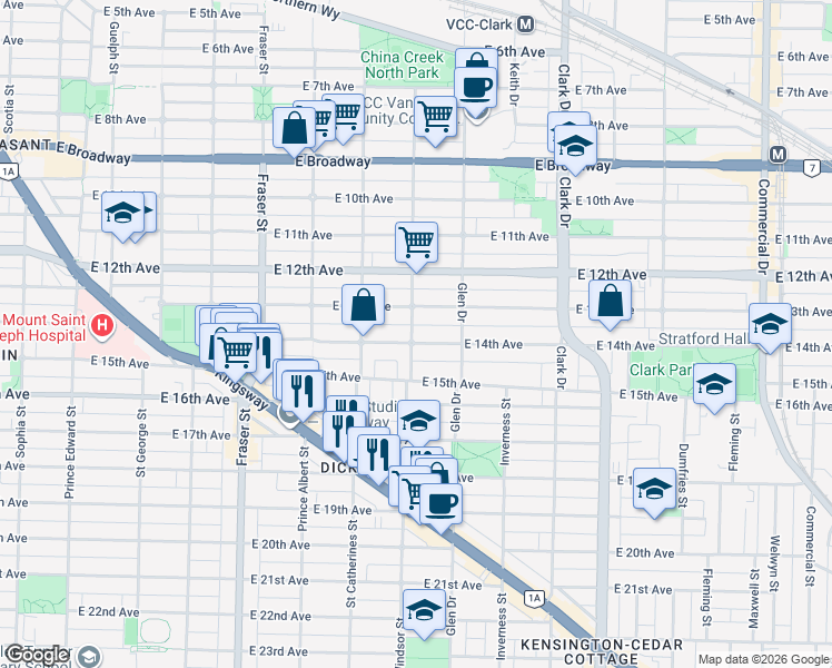 map of restaurants, bars, coffee shops, grocery stores, and more near 1003 East 14th Avenue in Vancouver