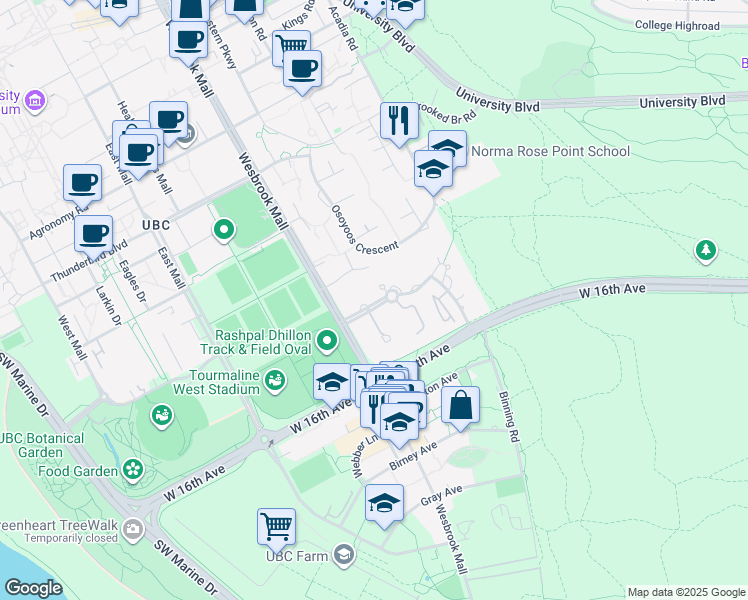 map of restaurants, bars, coffee shops, grocery stores, and more near in Vancouver
