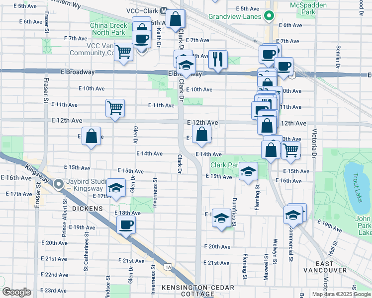 map of restaurants, bars, coffee shops, grocery stores, and more near 2984 Clark Drive in Vancouver