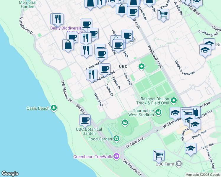 map of restaurants, bars, coffee shops, grocery stores, and more near 6328 Larkin Drive in Vancouver
