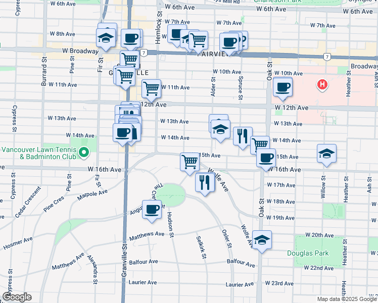 map of restaurants, bars, coffee shops, grocery stores, and more near 1287 West 15th Avenue in Vancouver