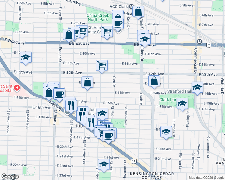 map of restaurants, bars, coffee shops, grocery stores, and more near in Vancouver