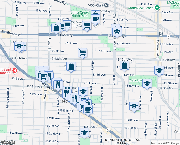 map of restaurants, bars, coffee shops, grocery stores, and more near 1070 East 13th Avenue in Vancouver