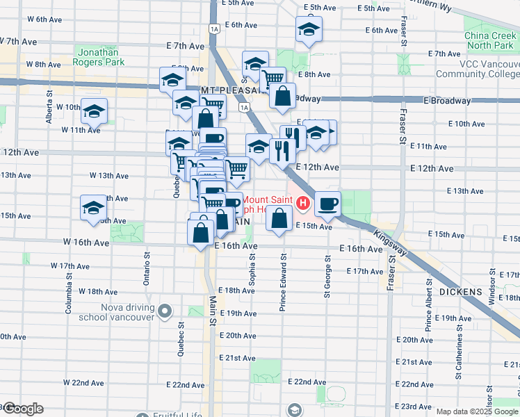 map of restaurants, bars, coffee shops, grocery stores, and more near in Vancouver