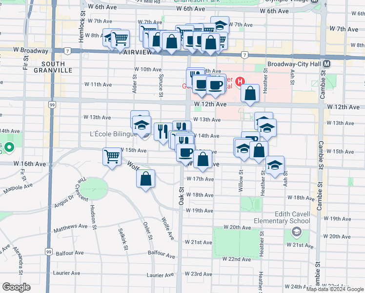 map of restaurants, bars, coffee shops, grocery stores, and more near in Vancouver