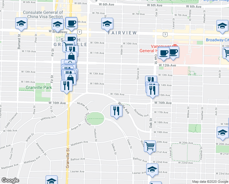 map of restaurants, bars, coffee shops, grocery stores, and more near in Vancouver