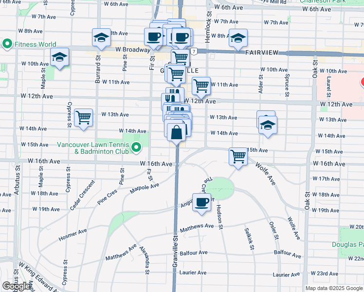 map of restaurants, bars, coffee shops, grocery stores, and more near 1477 West 15th Avenue in Vancouver
