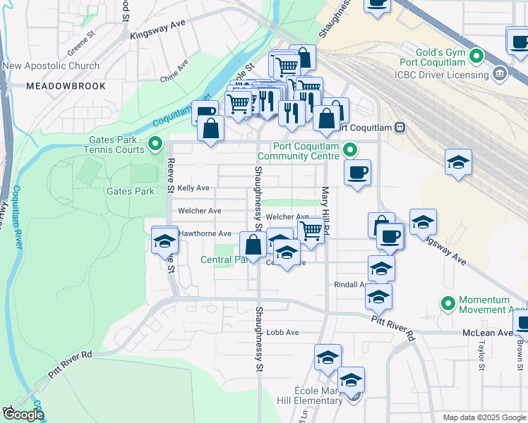map of restaurants, bars, coffee shops, grocery stores, and more near 2368 Shaughnessy Street in Port Coquitlam