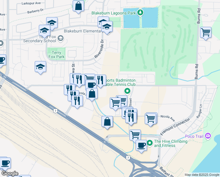 map of restaurants, bars, coffee shops, grocery stores, and more near 970 Dominion Avenue in Port Coquitlam