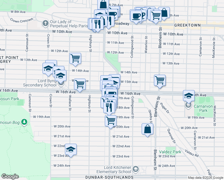 map of restaurants, bars, coffee shops, grocery stores, and more near 3639 West 16th Avenue in Vancouver
