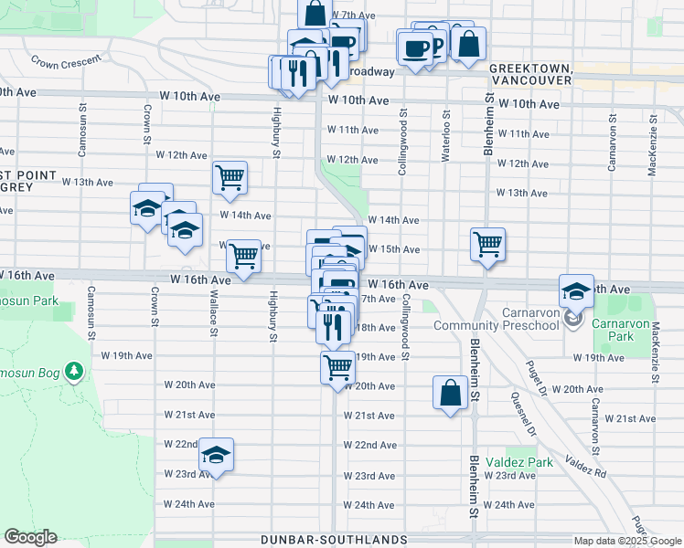 map of restaurants, bars, coffee shops, grocery stores, and more near 3639 West 16th Avenue in Vancouver