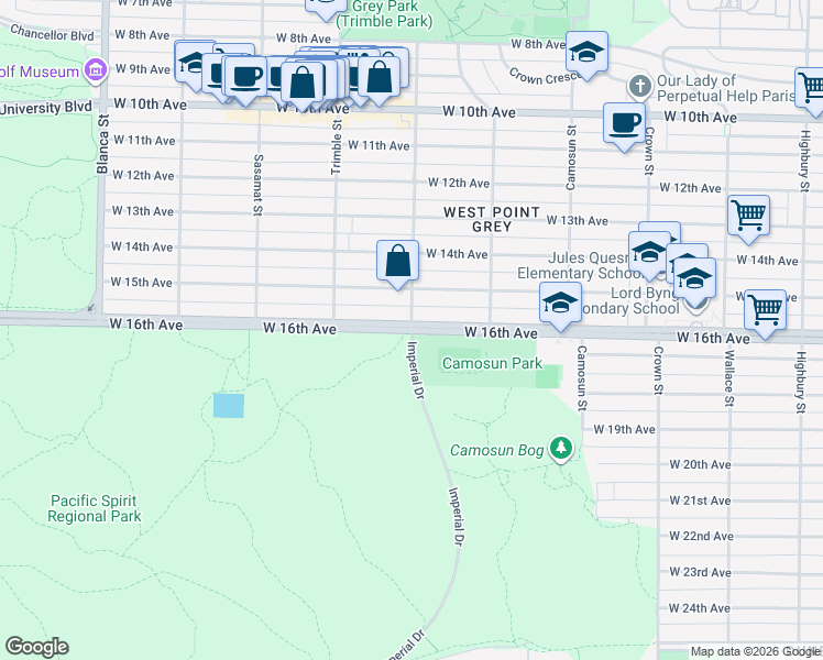 map of restaurants, bars, coffee shops, grocery stores, and more near 4298 West 16th Avenue in Vancouver