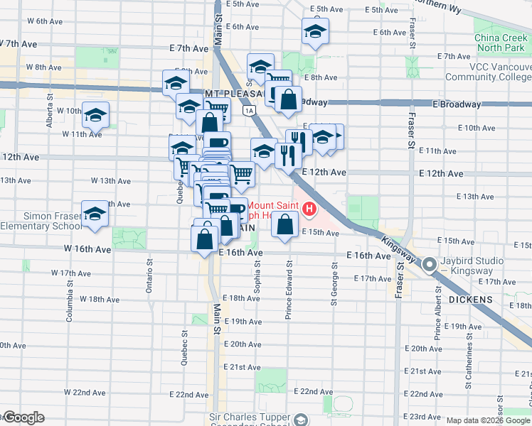 map of restaurants, bars, coffee shops, grocery stores, and more near 310 East 14th Avenue in Vancouver