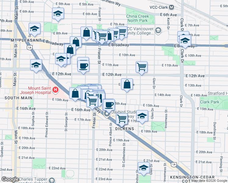map of restaurants, bars, coffee shops, grocery stores, and more near in Vancouver