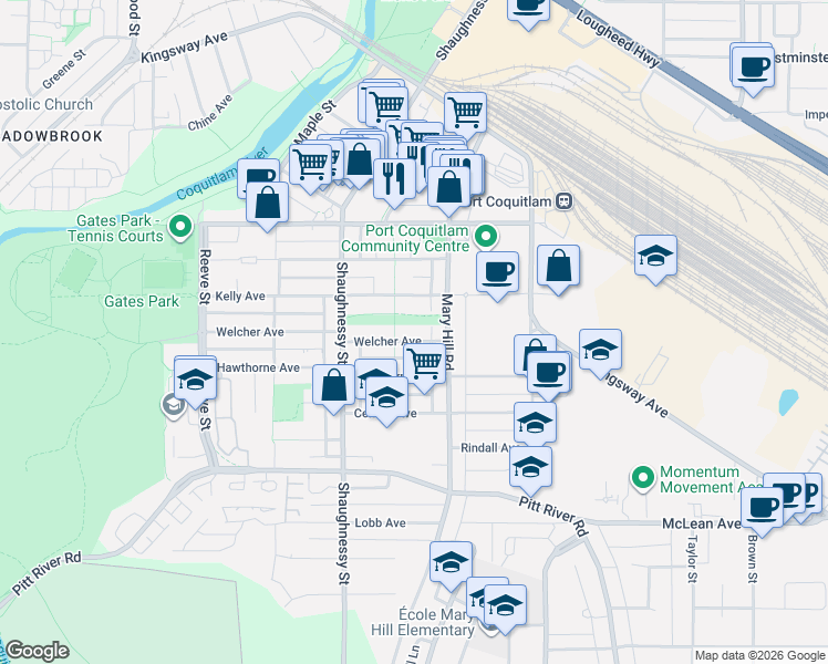 map of restaurants, bars, coffee shops, grocery stores, and more near 2231 Welcher Avenue in Port Coquitlam