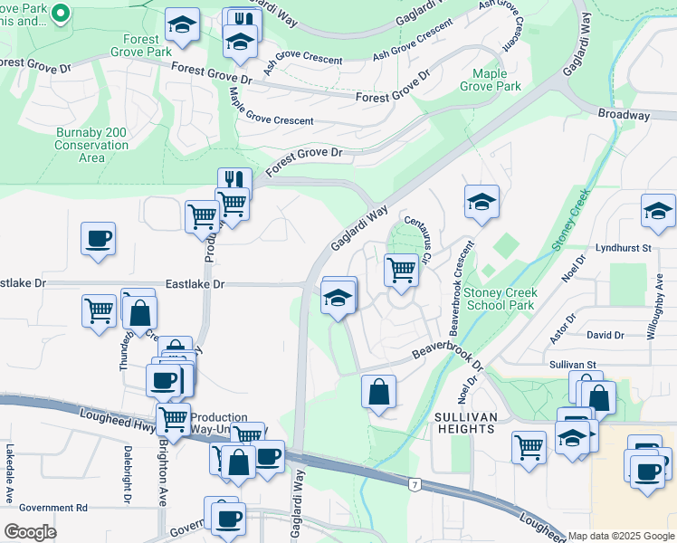 map of restaurants, bars, coffee shops, grocery stores, and more near 2893 Neptune Crescent in Burnaby