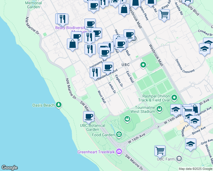 map of restaurants, bars, coffee shops, grocery stores, and more near 6346 Hawthorn Lane in Vancouver